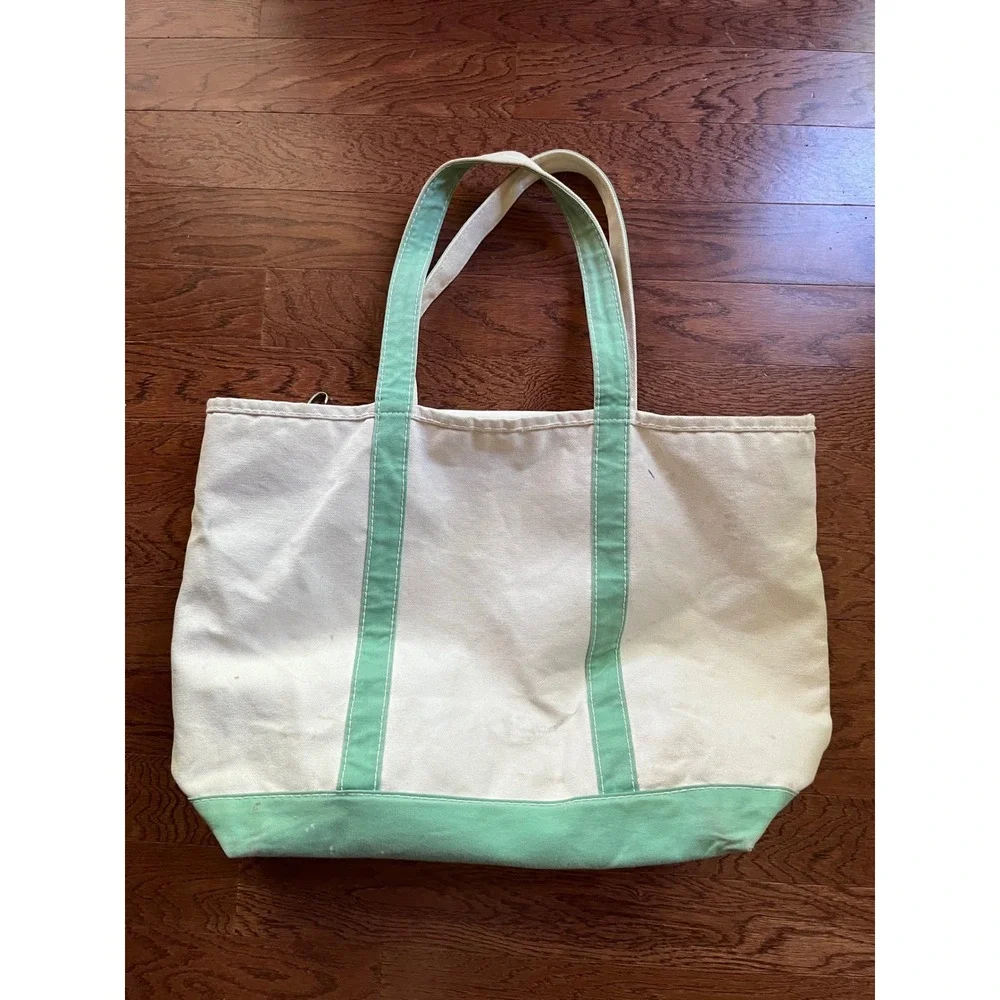 Vintage Lands End Canvas Tote Bag Zip Top Seafoam Green Made in USA Large 22
